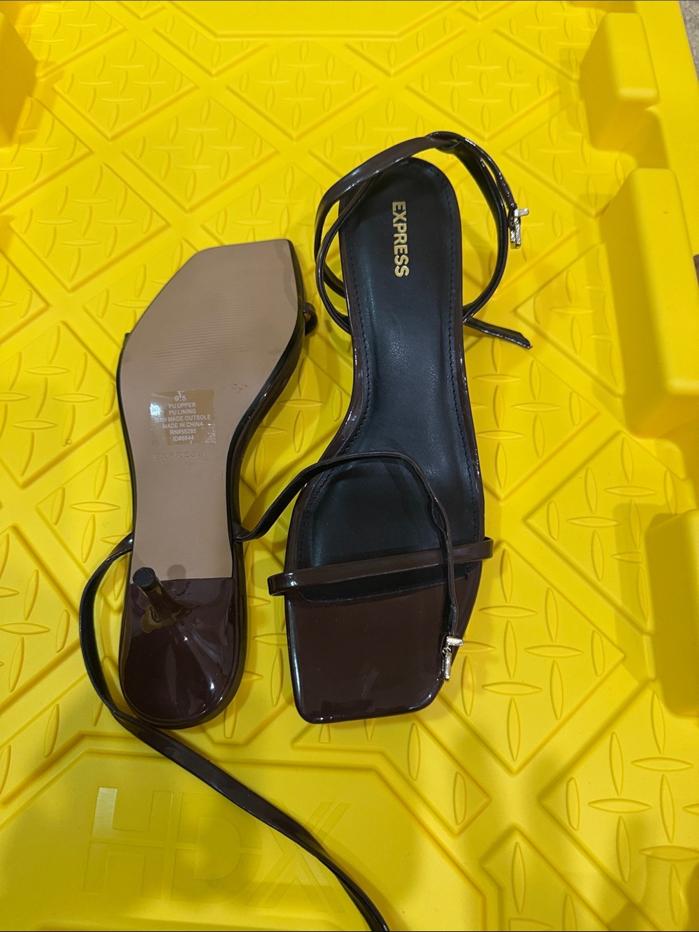 Express Brown Patent Strappy Square-Toe Heels with Ankle Strap